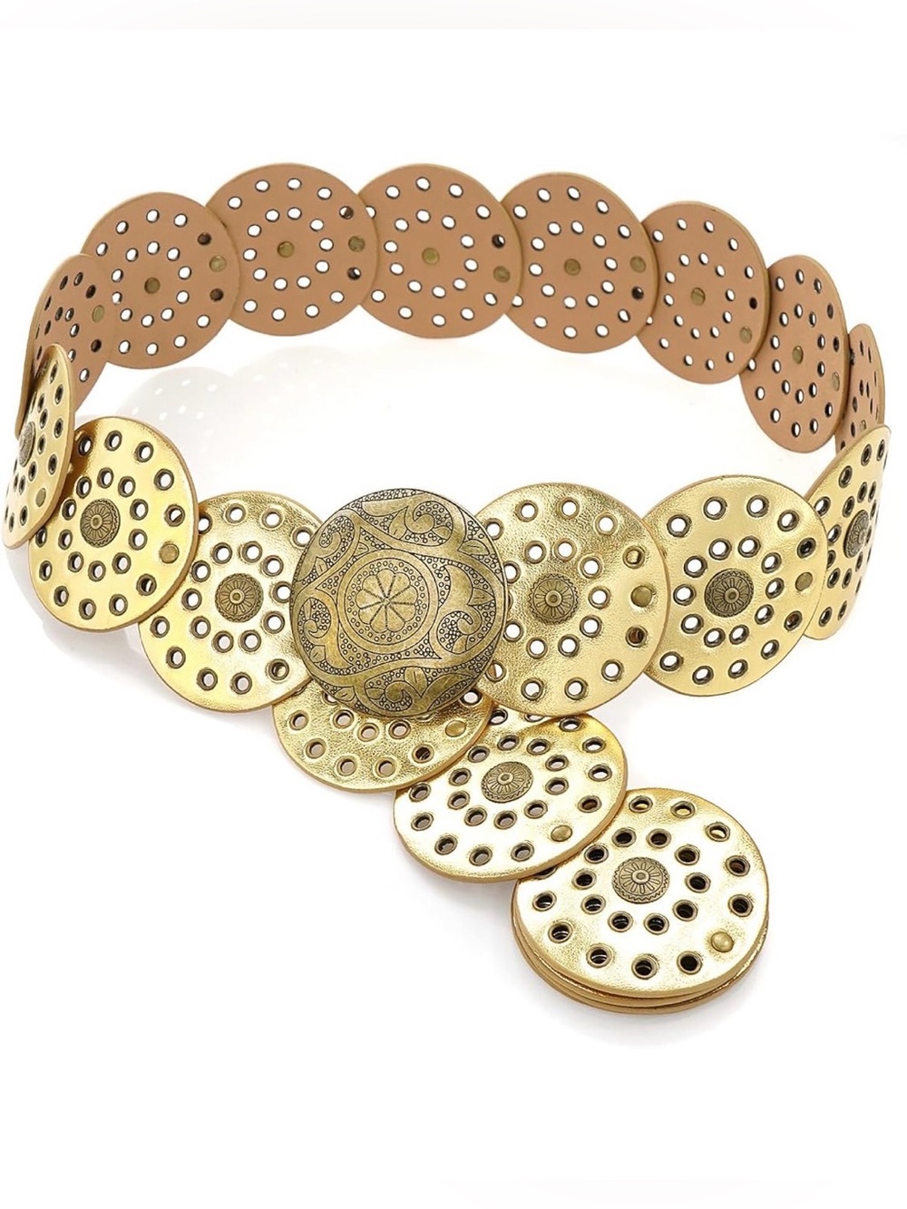 Wide Disc Belt for Women Vintage Leather Hollow Out Round Belt Western Waist Bel